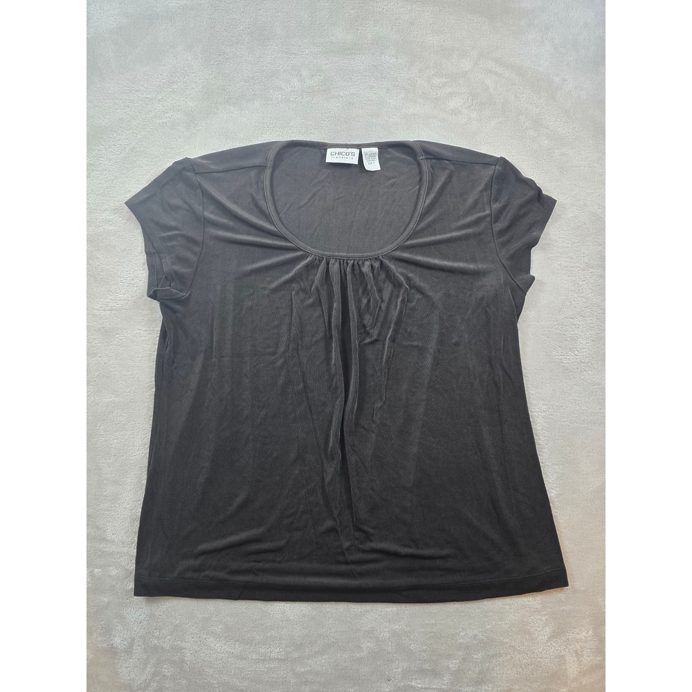 Chicos Travelers Top Shirt Blouse Womens Size 3 Black Short Sleeve